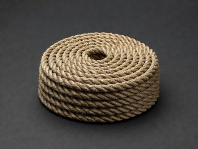 Render of a thick natural-fibre mooring rope coiled in a spiral on a plain charcoal background