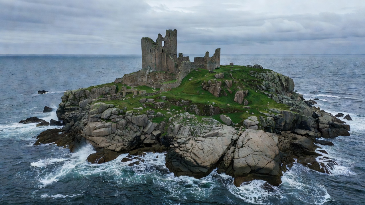 Ruins of Hammershus castle on a green granite headland above the Baltic Sea on the north coast of Bornholm