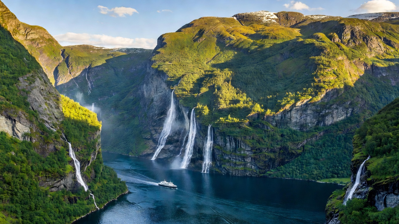 Wide view of Geirangerfjord with steep green mountain walls, waterfalls and a ferry crossing deep blue water