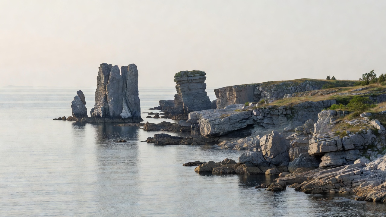 Grey limestone sea stacks and low cliffs on the Gotland coast beside a calm Baltic Sea under a pale sky