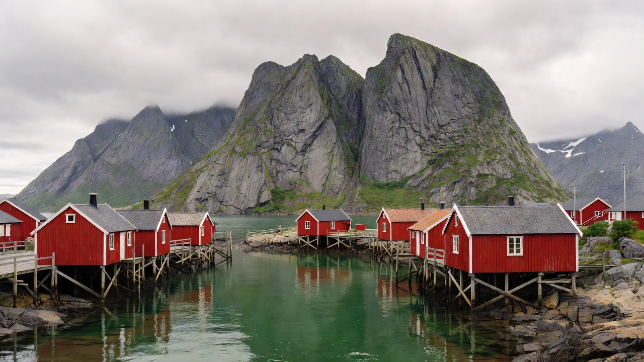 Red fishermen's cabins along the harbour at Reine in Lofoten, backed by steep granite peaks and calm green water